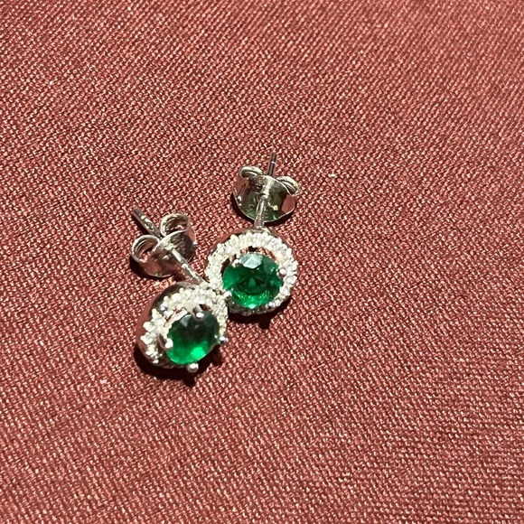 Sterling Silver Synthetic Emerald and CZ Post Earrings - Picture 2 of 2